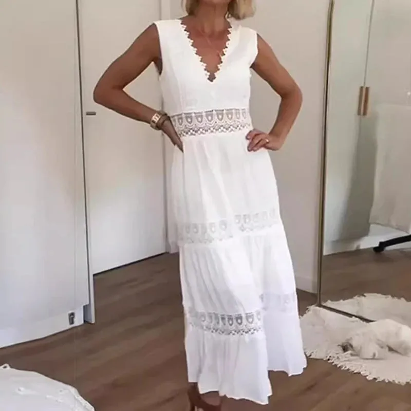UAKISS  -  Fashion Double V Neck Sleeveless Lace Long Dress Temperament High Waist Pleated Evening Dress Summer New Solid Vacation Dresses