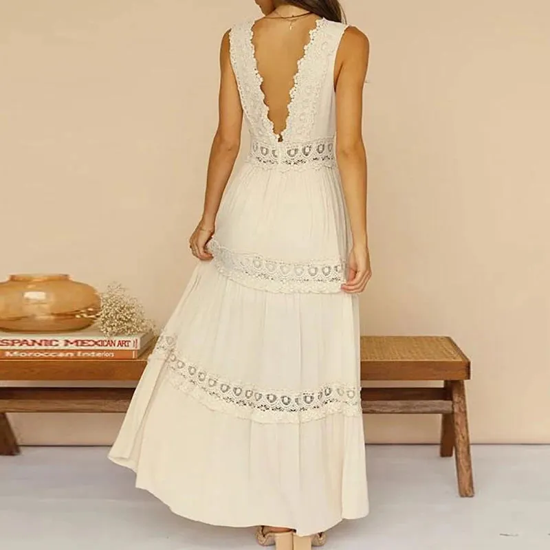 UAKISS  -  Fashion Double V Neck Sleeveless Lace Long Dress Temperament High Waist Pleated Evening Dress Summer New Solid Vacation Dresses
