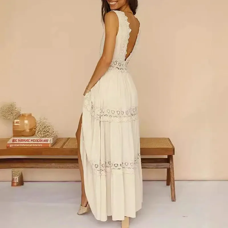 UAKISS  -  Fashion Double V Neck Sleeveless Lace Long Dress Temperament High Waist Pleated Evening Dress Summer New Solid Vacation Dresses