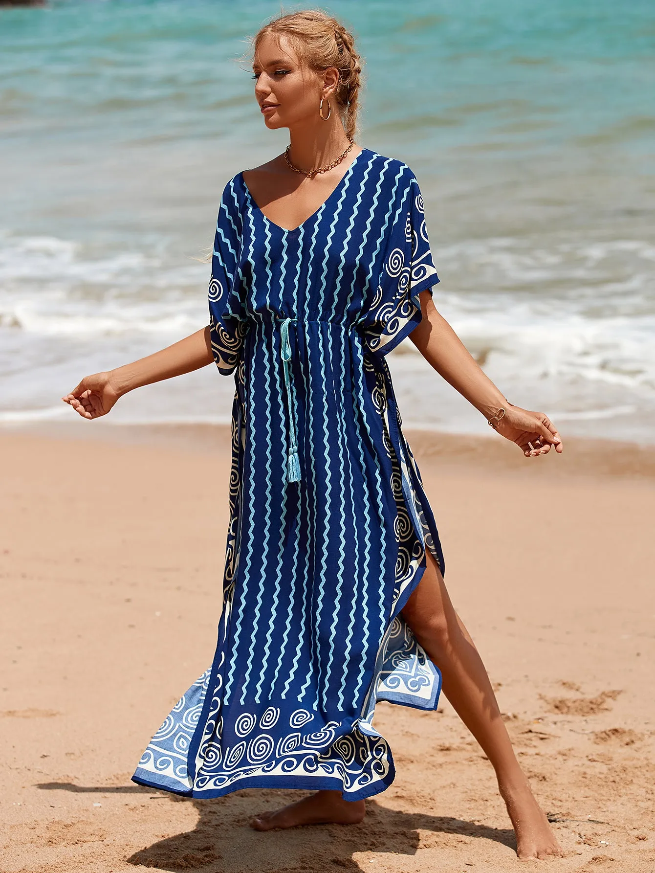 V-Neck Plus Size Caftan Swimsuit Cover Up with Side Split