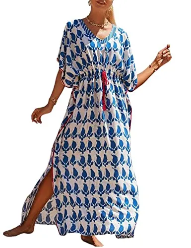 V-Neck Plus Size Caftan Swimsuit Cover Up with Side Split