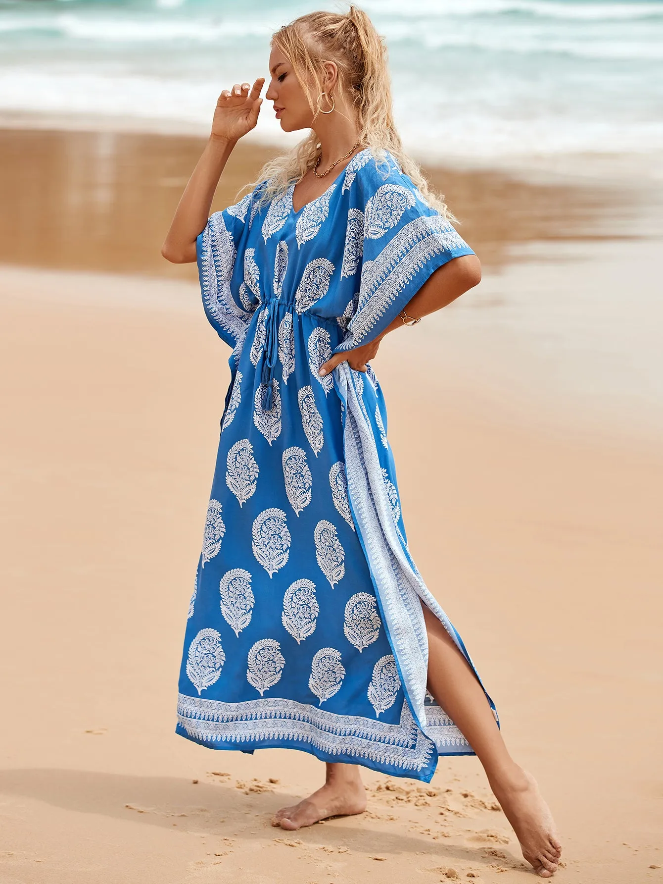 V-Neck Plus Size Caftan Swimsuit Cover Up with Side Split