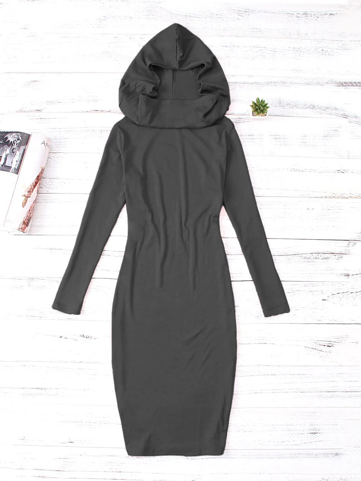 Wholesale Long Sleeve Hooded Grey Midi Dress