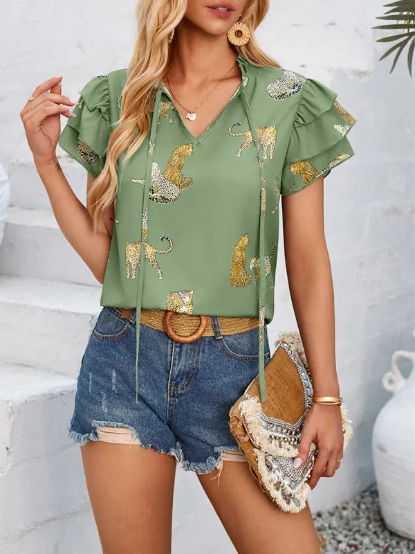Women's Tiger Print V-Neck Frill Blouse with Layered Sleeves