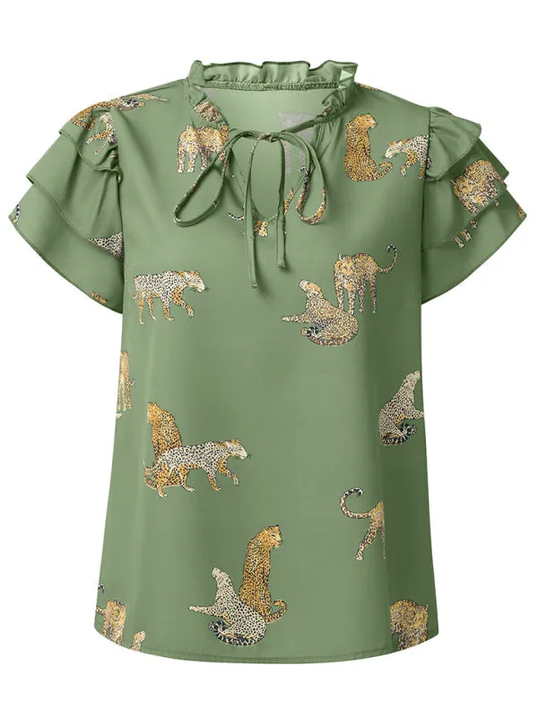 Women's Tiger Print V-Neck Frill Blouse with Layered Sleeves